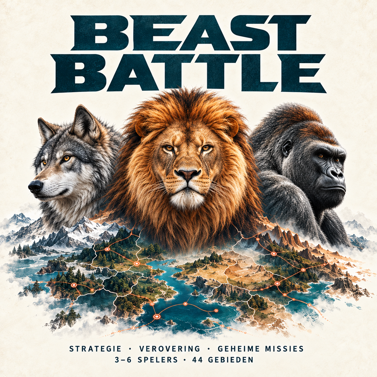 Beast Battle: een leeuw, wolf en gorilla boven de wereldkaart